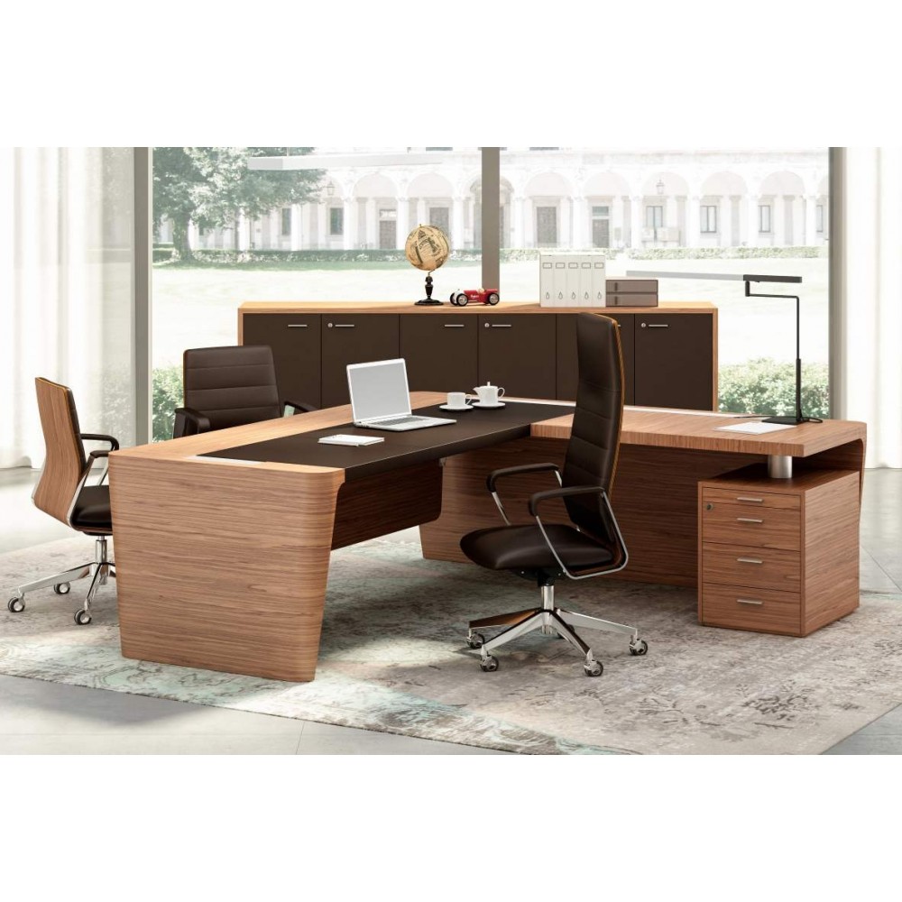 Bureau droit X10 avec retour sur caisson, insert cuir et voile de fond. Finition Noyer américain