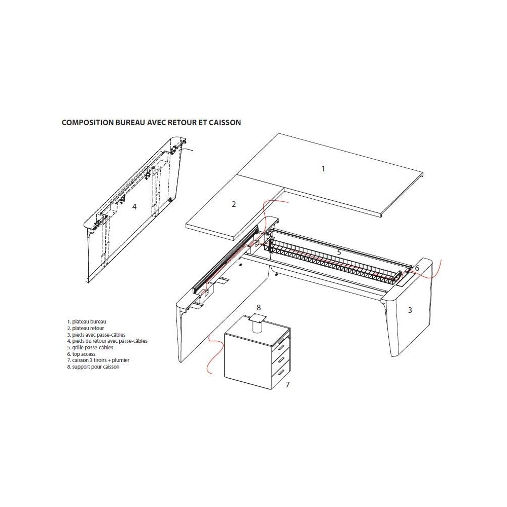 Bureau droit X10 avec retour sur caisson, schéma technique
