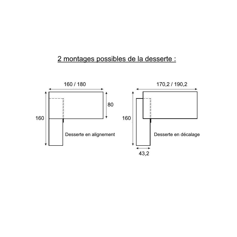 Bureau WOOD-MANAGER, dimensions. 2 positions pour la desserte (choix au montage)