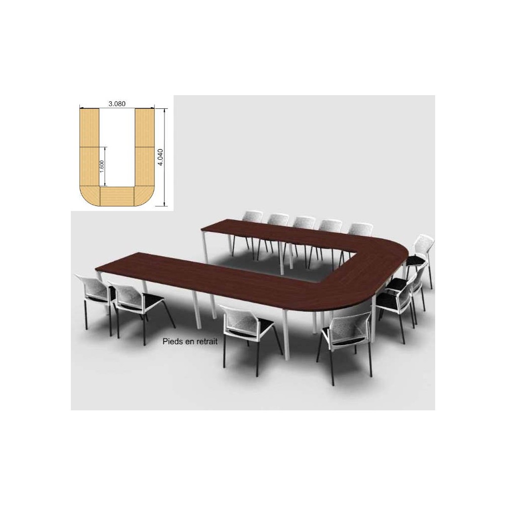 14 places : Configuration en U, angles 90° arrondis, L404 x 308 cm