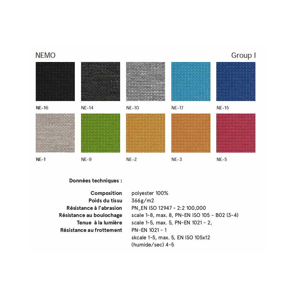 Cloison acoustique SONIC, nuancier tissu NEMO (Groupe 1)