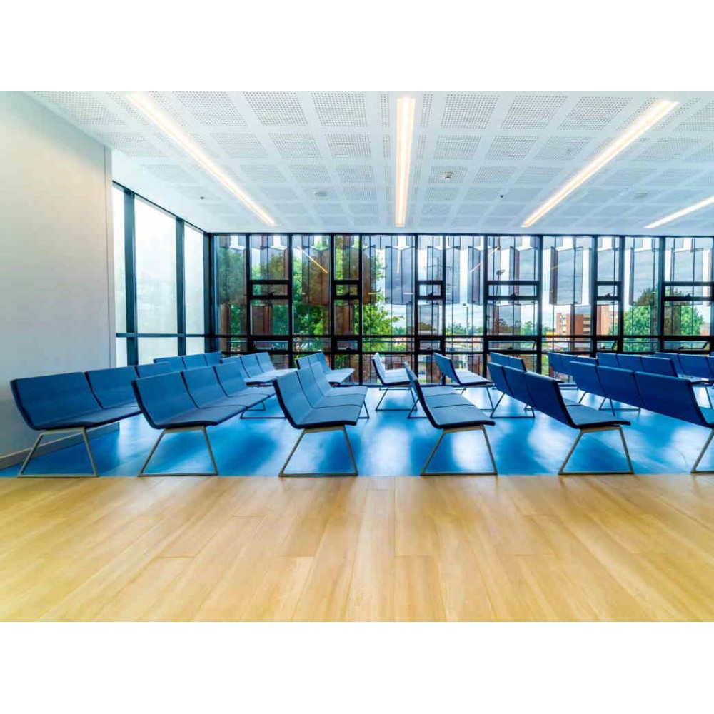 Banc d'accueil ILDU, en revêtement similicuir bleu (réalisation : salle d'attente d'un hôpital)