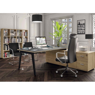 Bureau STILY : plateau Carbone, chants Chêne clair = console chêne clair