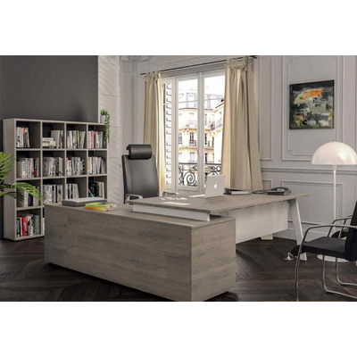 Bureau STILY : plateau Carbone, chants Chêne clair = console chêne clair