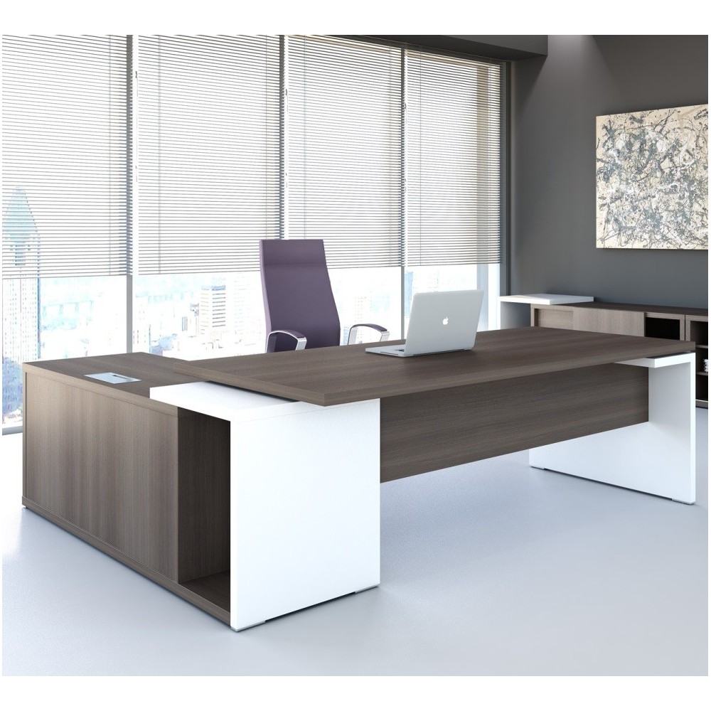 MYTO, bureau avec desserte en retour à droite. Coloris Robinia et Blanc brillant