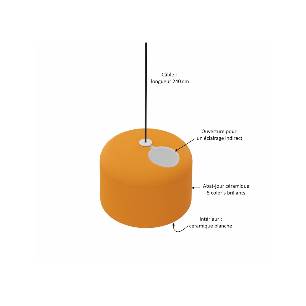 ADD, suspension céramique vue de dessus, avec son éclairage indirect.