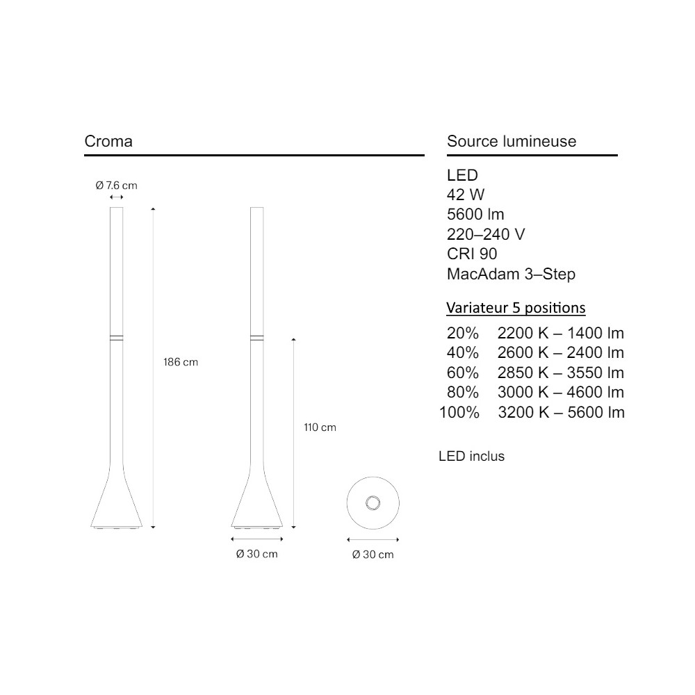 CROMA, lampadaire design, fiche technique