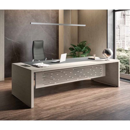 Bureau droit e-10, finition Orme gris. Voile de fond design "percé" en option